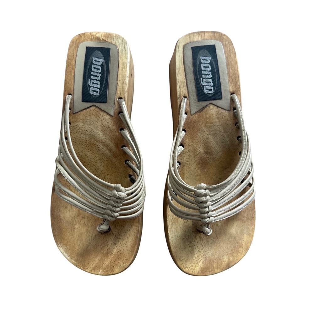 Vintage Bongo Wooden Platform Sandals Cream Multi Strap Wedge Thong Slides 90s
